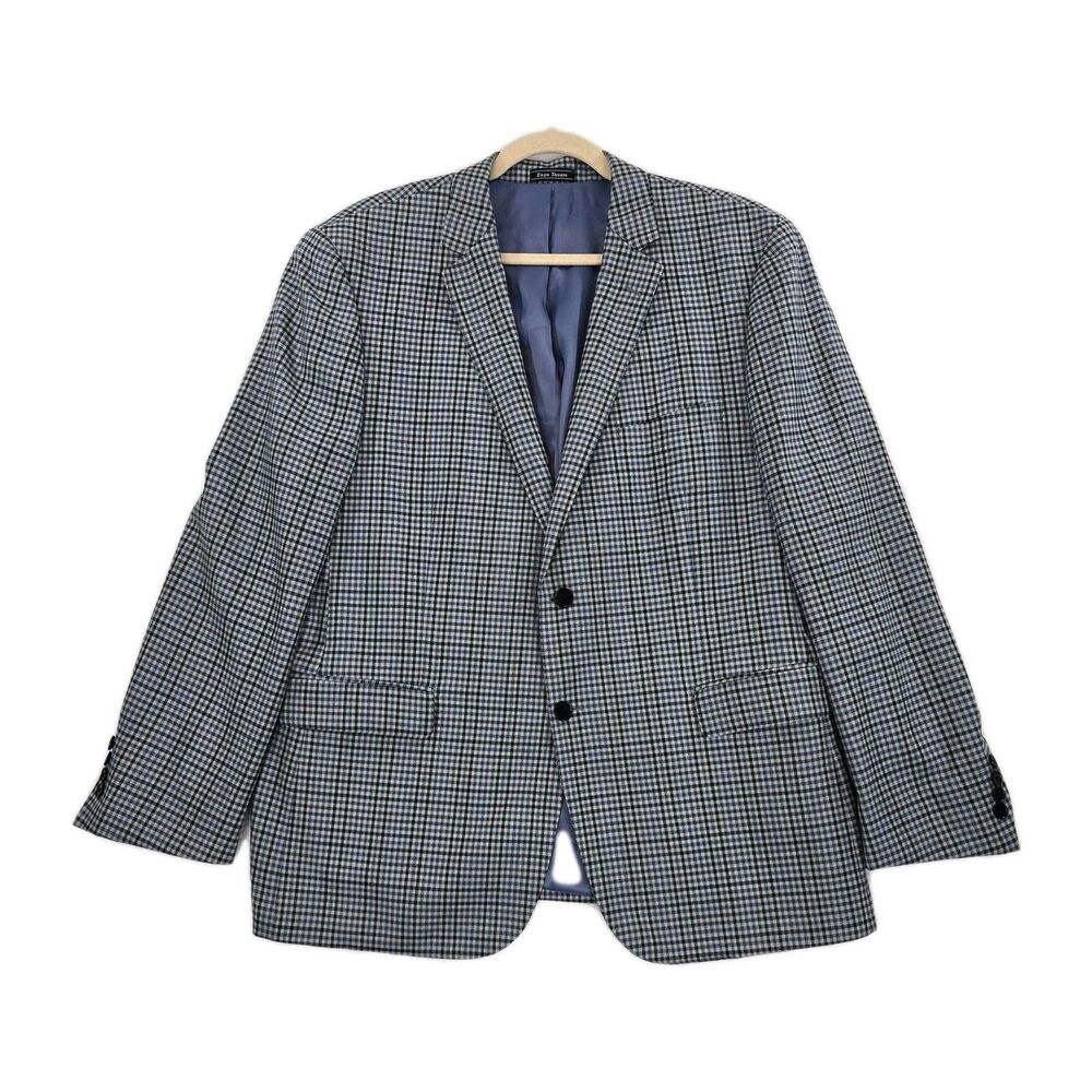 Enzo Tovare Blazer Mens 46R Blue Check Plaid Wool Sport Coat Two Button Lined
